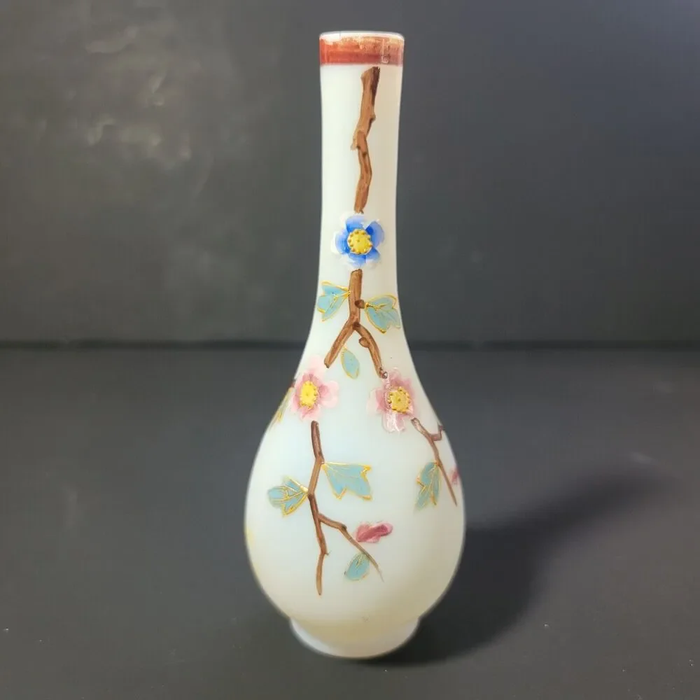 Frosted Glass Bud Face Hand Painted Pink And Blue Flowers on Branch 6
